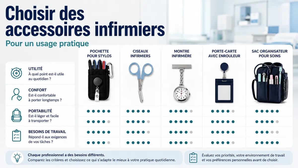 Accessoires de soins infirmiers pratiques comparés selon l’utilité, le confort, la portabilité et les besoins de travail