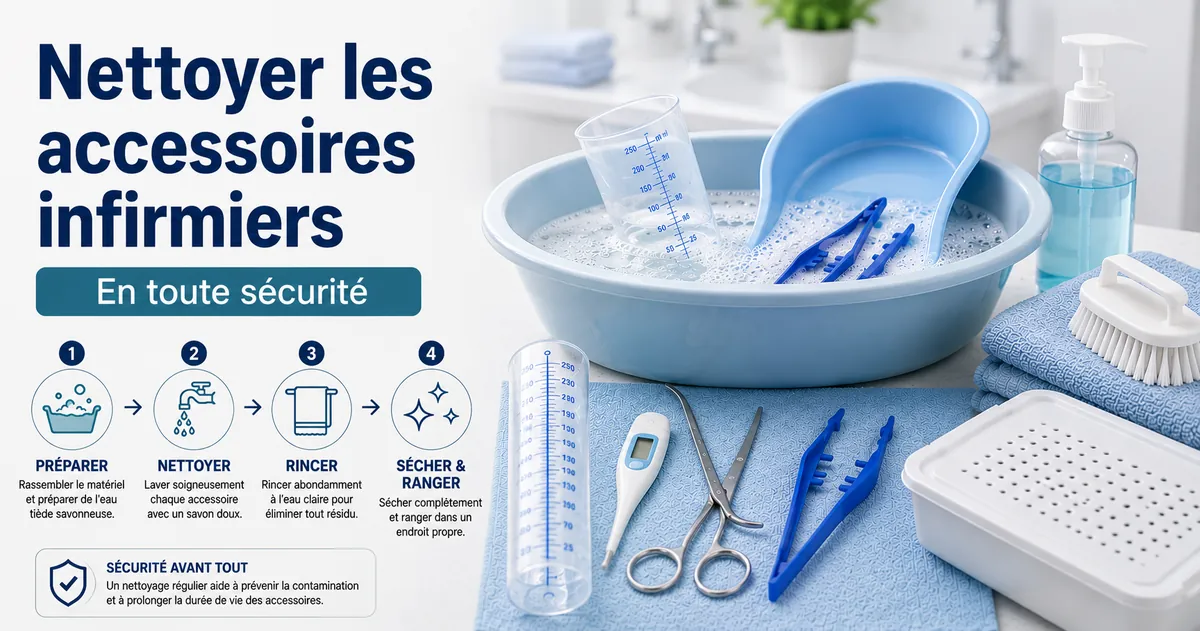 Nettoyage sûr des accessoires de soins infirmiers avec outils lavables et articles d’entretien organisés