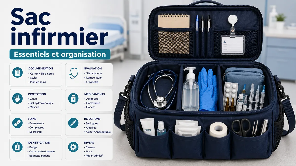 Essentiels du sac infirmier organisés en compartiments pour un accès rapide pendant les gardes