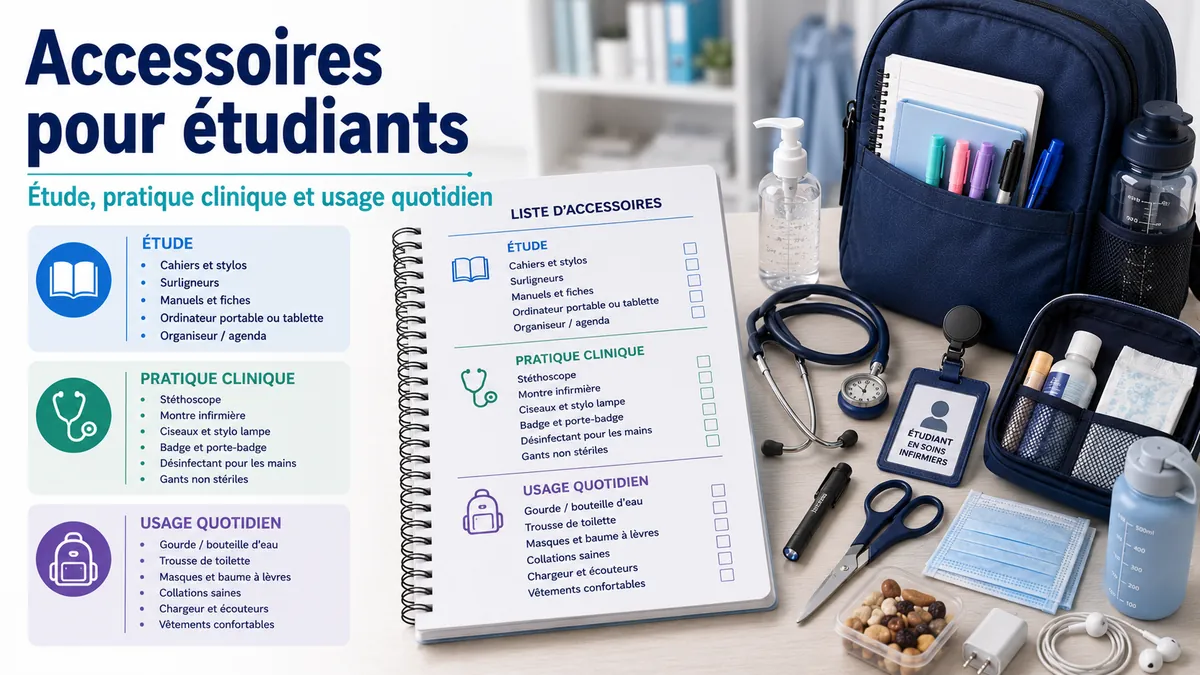 Liste d’accessoires pour étudiants infirmiers avec articles d’étude, de pratique clinique et d’usage quotidien