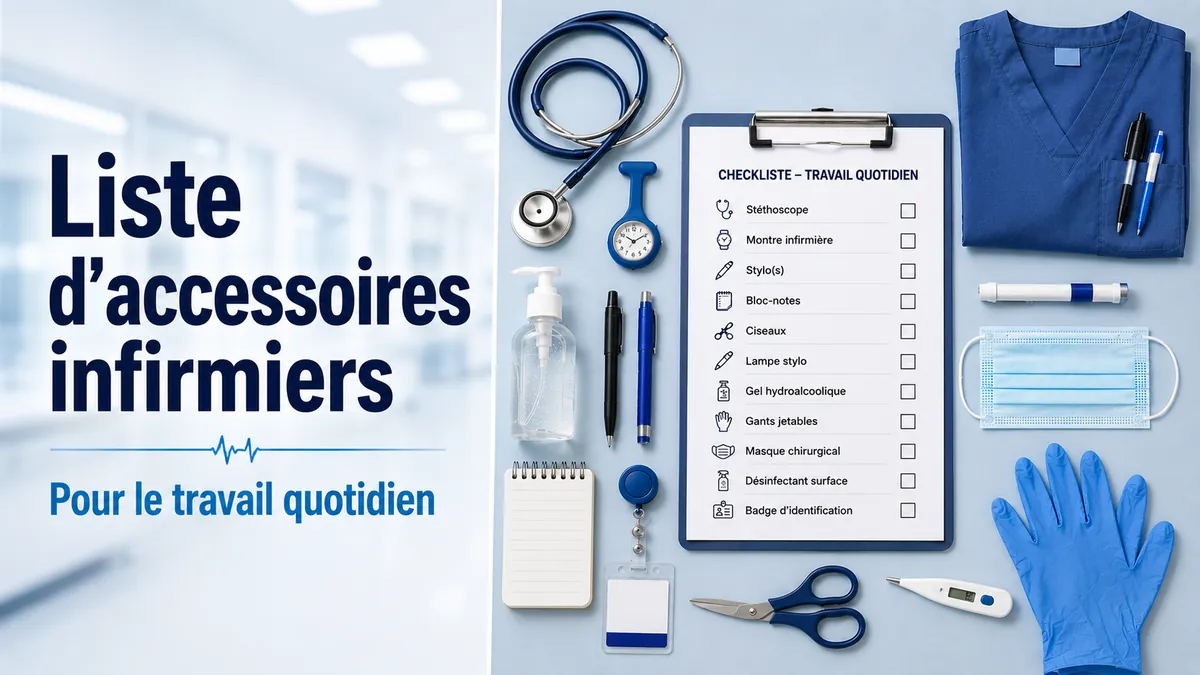 Liste d’accessoires de soins infirmiers essentiels organisée pour le travail quotidien et la préparation des gardes