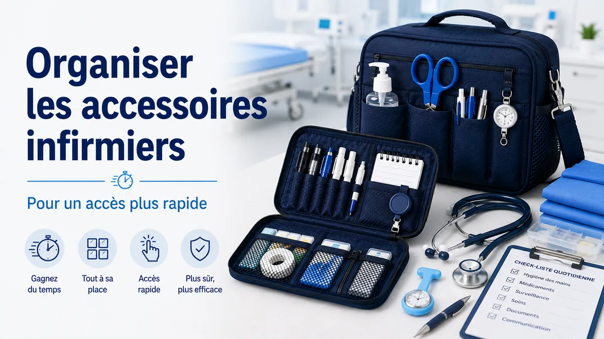 Accessoires de soins infirmiers organisés dans une pochette et un sac pour un accès plus rapide pendant le travail