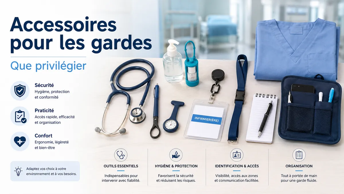 Accessoires de soins infirmiers préparés pour une garde avec outils, porte-badges et articles d’organisation