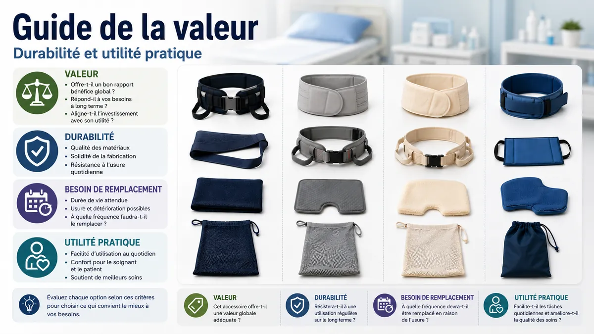 Accessoires de soins infirmiers évalués selon la valeur, la durabilité, le besoin de remplacement et l’utilité pratique