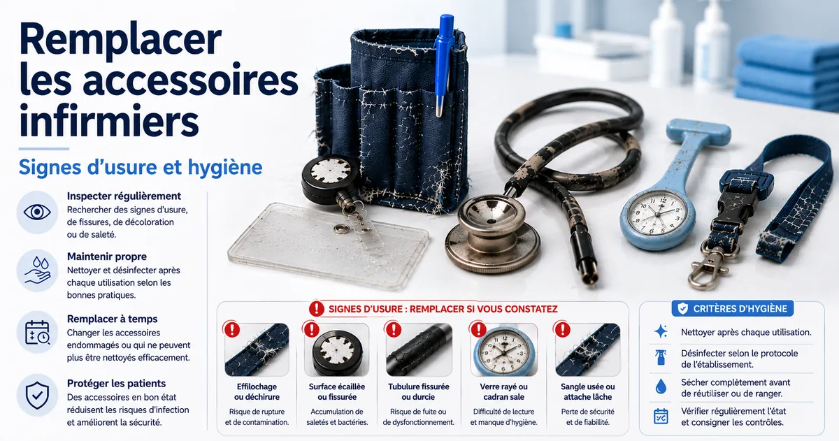 Accessoires de soins infirmiers usés avec signes de remplacement et critères d’hygiène