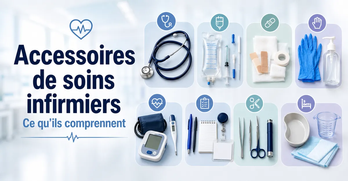 Accessoires de soins infirmiers regroupés par fonction pour expliquer ce que les infirmiers utilisent au travail