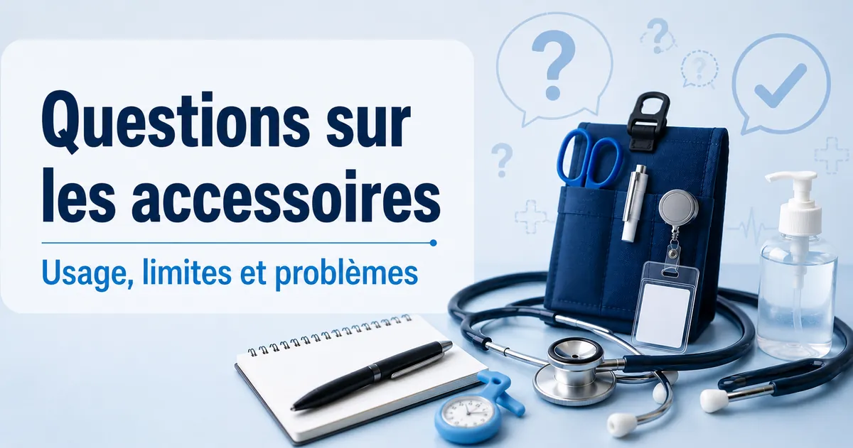 Accessoires de soins infirmiers organisés pour répondre aux questions sur l’usage, les limites et les problèmes