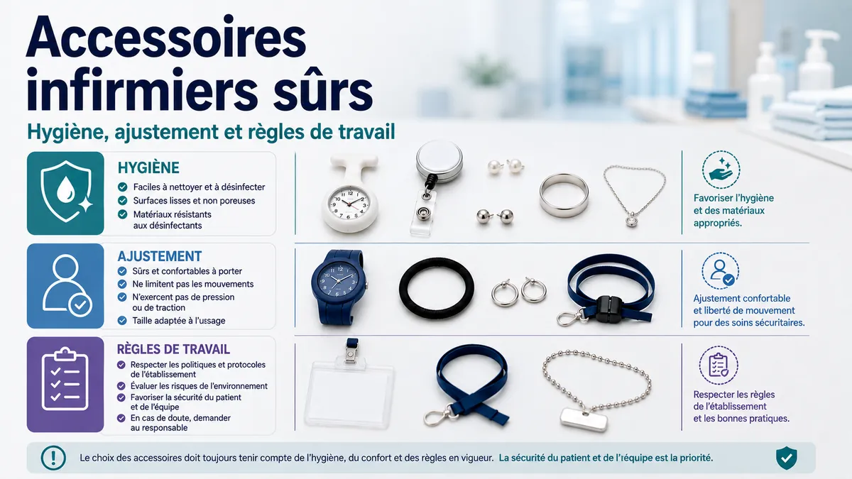 Accessoires de soins infirmiers sûrs avec critères d’hygiène, d’ajustement et d’usage au travail