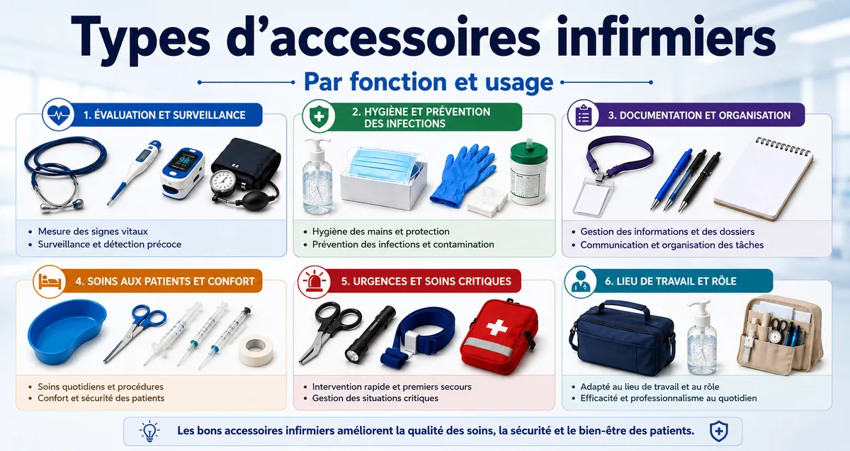Types d’accessoires de soins infirmiers séparés par fonction, usage et rôle au travail
