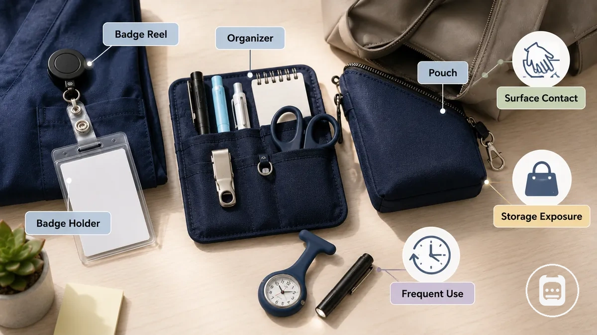 Acessórios de enfermagem que precisam de limpeza regular, incluindo porta-crachás, organizadores, bolsas, acessórios limpáveis e áreas de armazenamento limpas