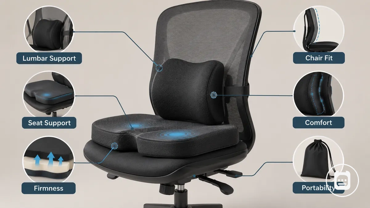 Acessórios de suporte postural para assento e lombar mostrados em uma cadeira com indicações de posicionamento