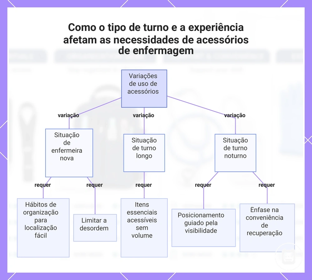 Como o tipo de turno e a experiência afetam as necessidades de acessórios de enfermagem