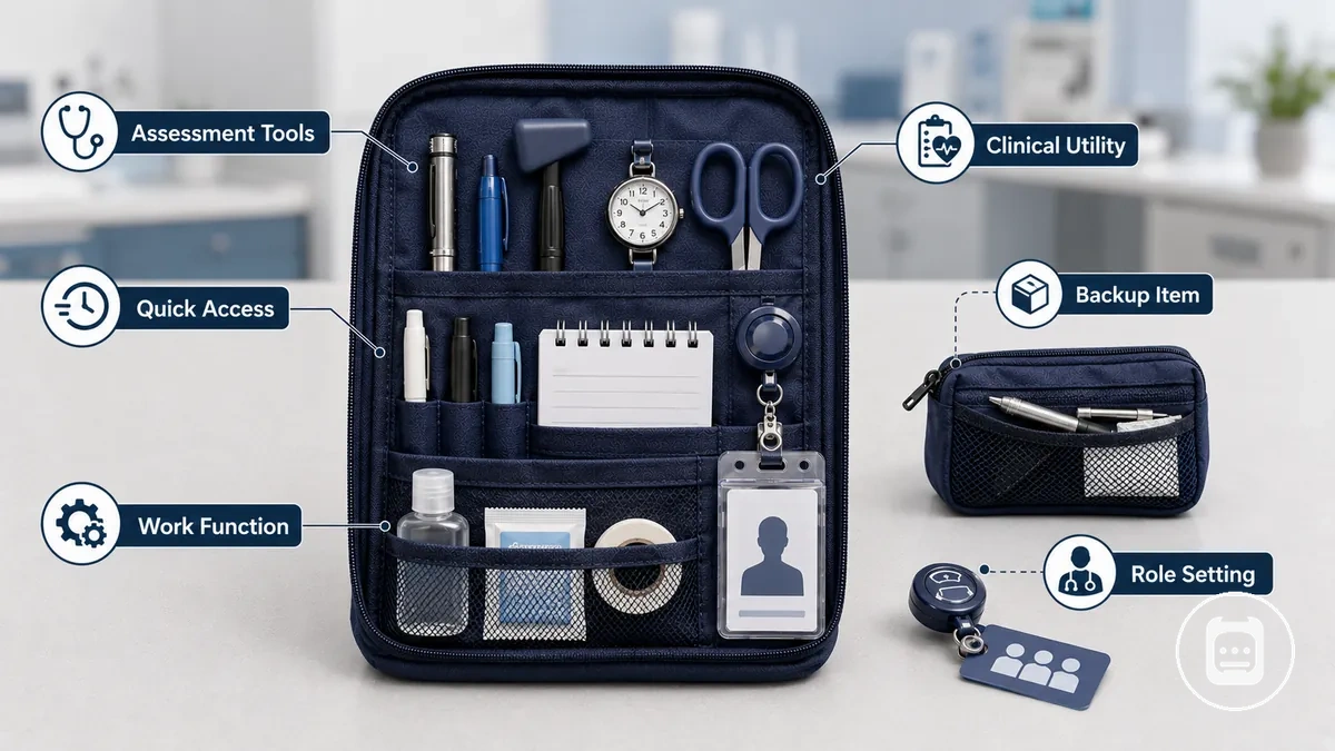 Ferramentas compactas de avaliação e utilidade clínica organizadas para acesso em bolso ou bolsa