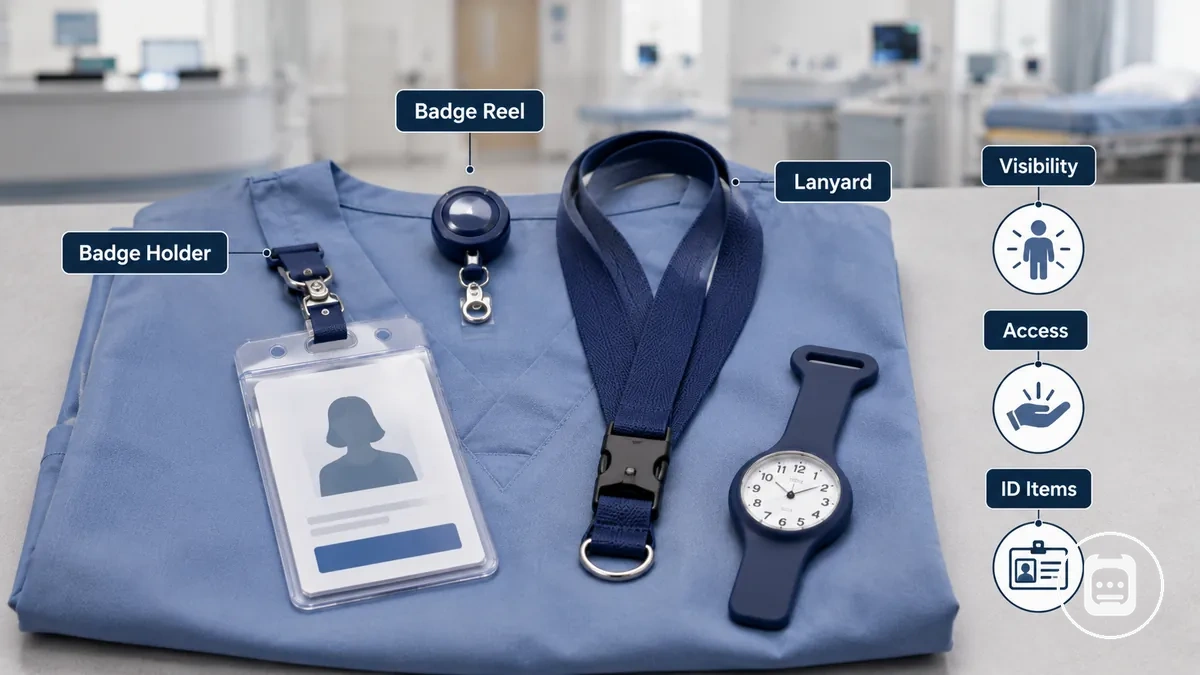 Acessórios de identificação e vestíveis usados para visibilidade e acesso no trabalho de enfermagem