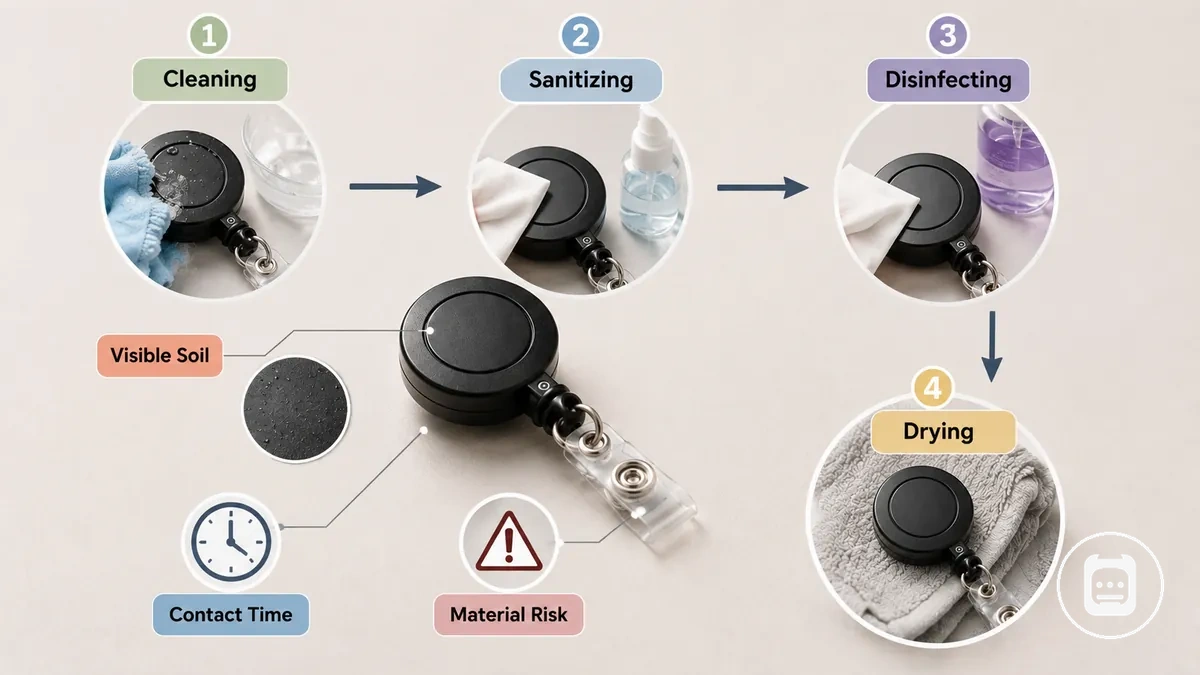Comparação entre limpeza, desinfecção e sanitização de acessórios de enfermagem com materiais de limpeza e etapas de secagem
