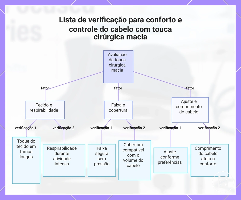 Lista de verificação para conforto e controle do cabelo com touca cirúrgica macia