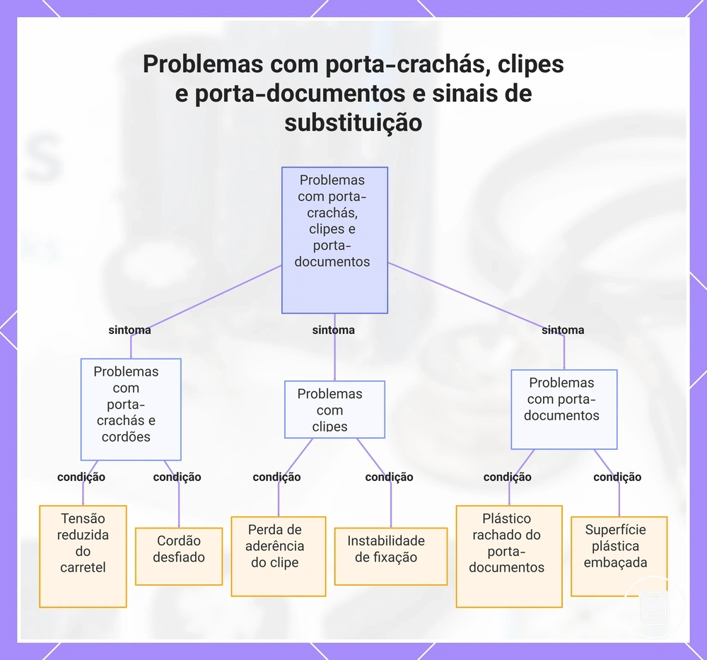 Problemas com porta-crachás, clipes e porta-documentos e sinais de substituição