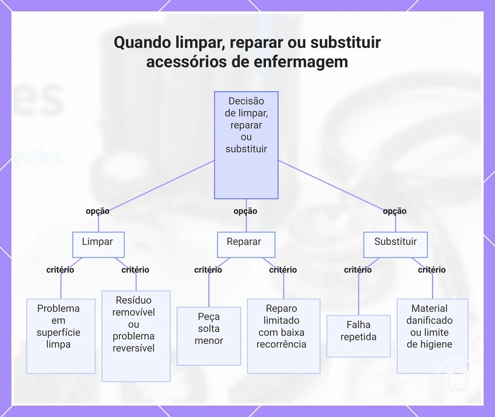 Quando limpar, reparar ou substituir acessórios de enfermagem