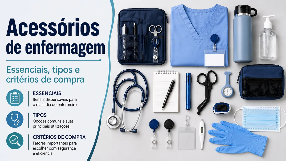 Acessórios de enfermagem organizados com itens de trabalho, ferramentas e artigos de uso diário