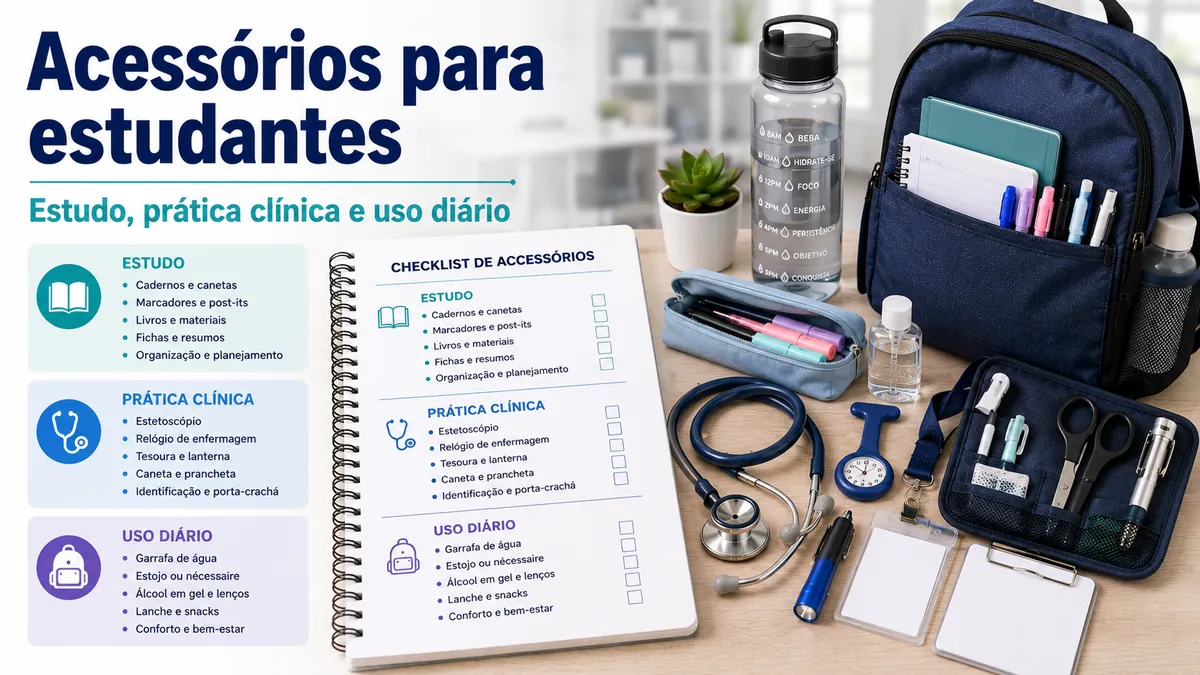 Lista de acessórios para estudantes de enfermagem com itens de estudo, prática clínica e uso diário