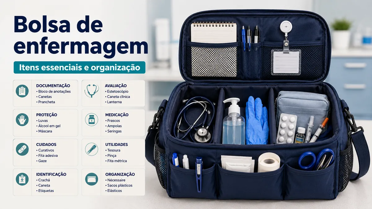 Itens essenciais da bolsa de enfermagem organizados em compartimentos para acesso rápido durante plantões