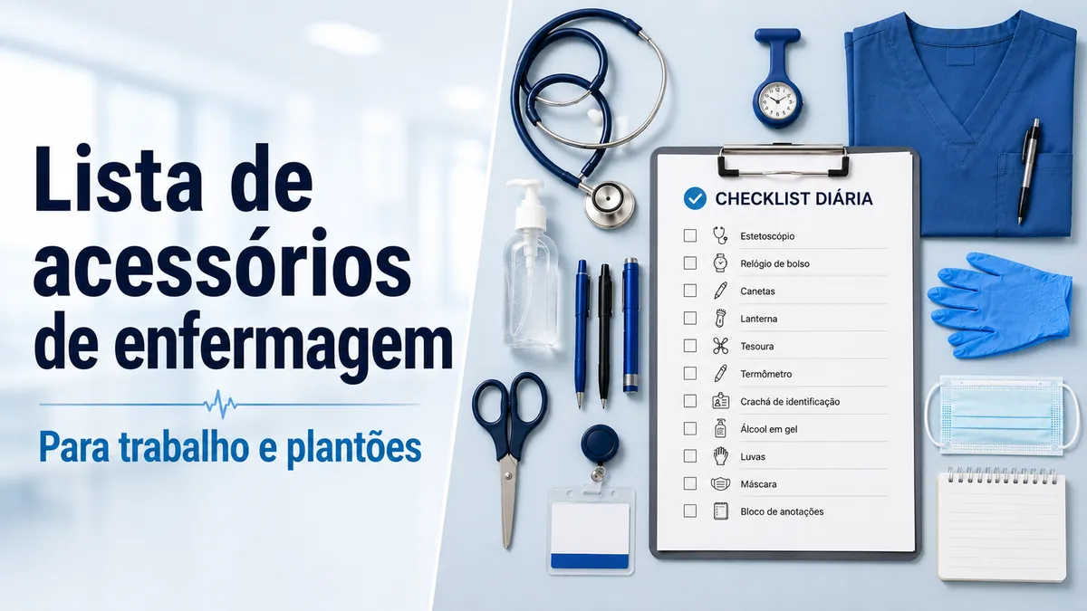 Lista de acessórios de enfermagem essenciais organizada para trabalho diário e preparo de plantões