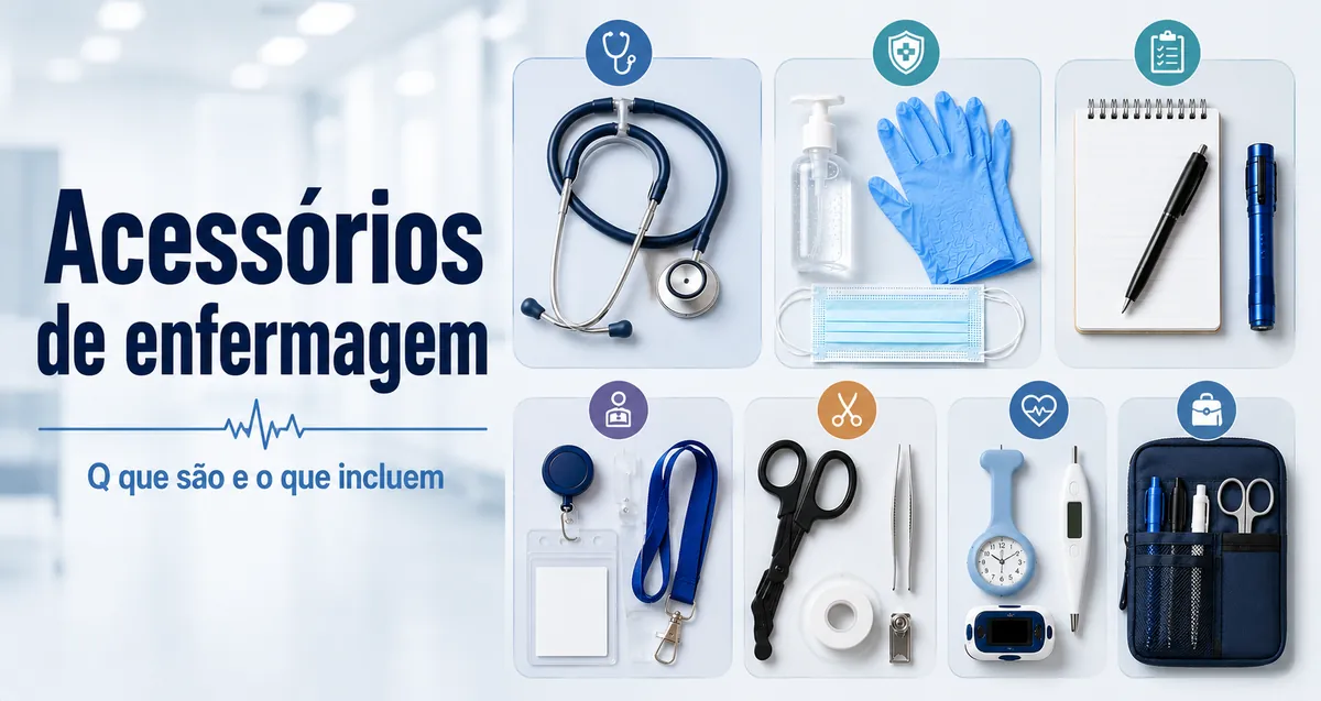 Acessórios de enfermagem agrupados por função para explicar o que enfermeiros usam no trabalho