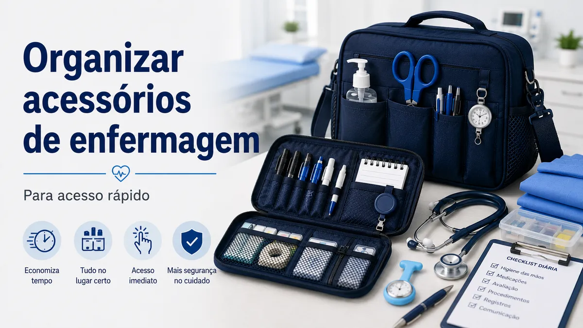Acessórios de enfermagem organizados em bolsa e estojo para acesso rápido durante o trabalho