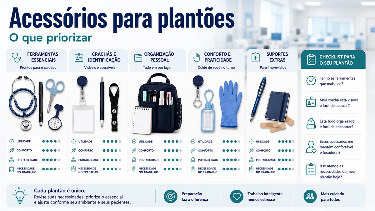 Acessórios de enfermagem preparados para um plantão com ferramentas, crachás e itens de organização
