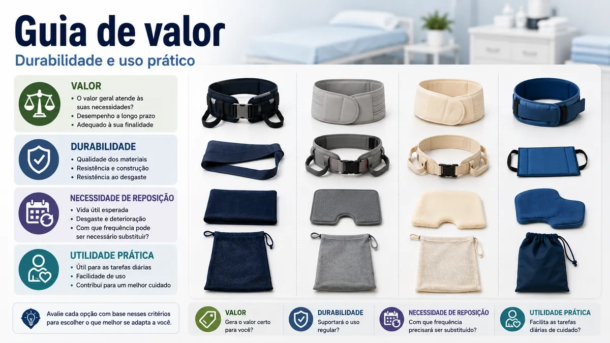Acessórios de enfermagem avaliados por valor, durabilidade, troca e uso prático