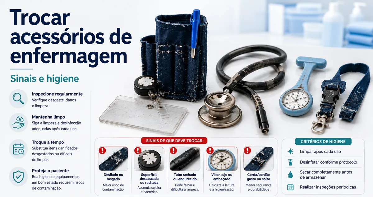Acessórios de enfermagem desgastados com sinais de troca e critérios de higiene