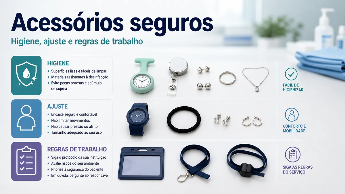 Acessórios de enfermagem seguros com critérios de higiene, ajuste e uso no trabalho