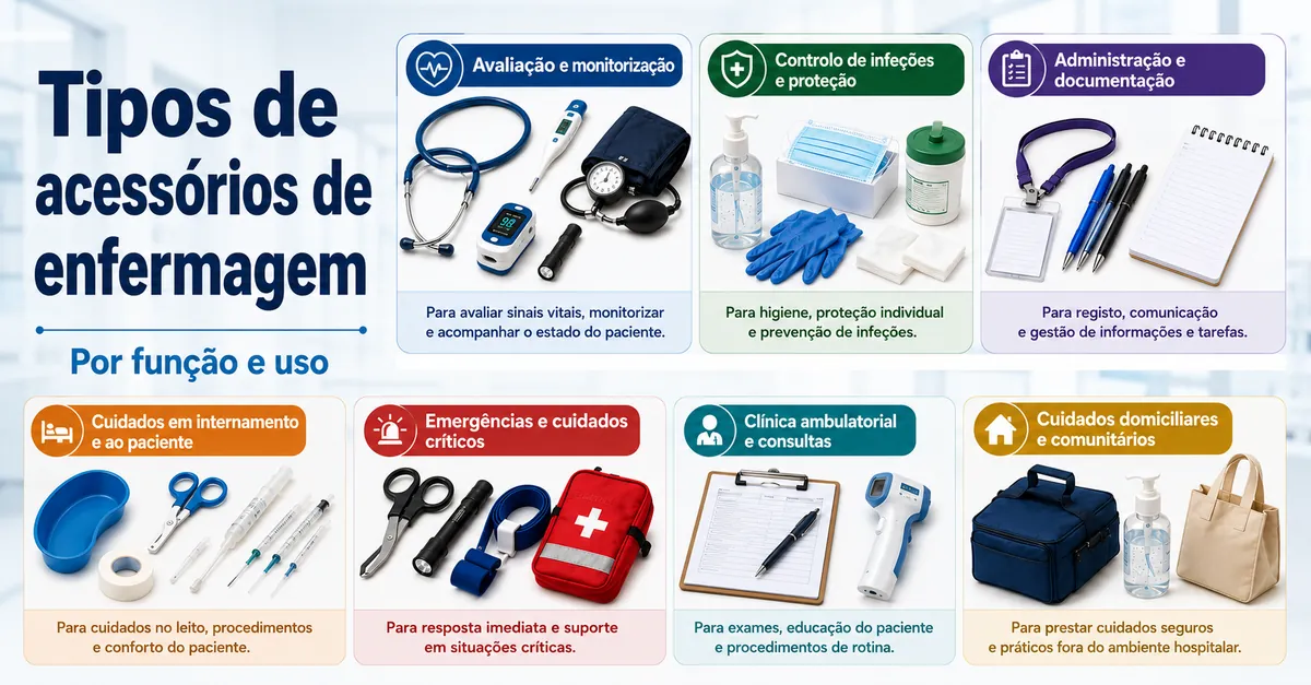 Tipos de acessórios de enfermagem separados por função, uso e papel no trabalho