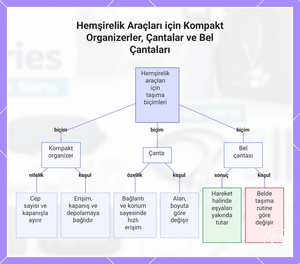 Hemşirelik Araçları için Kompakt Organizerler, Çantalar ve Bel Çantaları