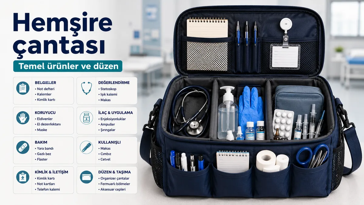 Vardiya sırasında hızlı erişim için bölmelere yerleştirilmiş hemşire çantası temel ürünleri