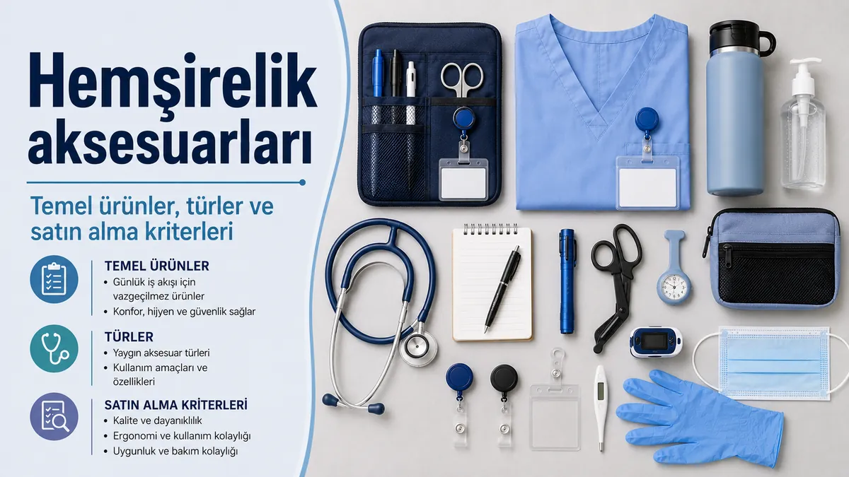 İş için temel ürünler, araçlar ve günlük kullanım parçalarıyla düzenlenmiş hemşirelik aksesuarları
