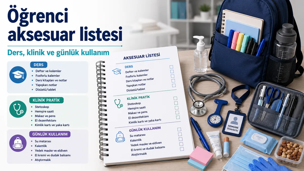 Ders, klinik uygulama ve günlük kullanım ürünleriyle hemşirelik öğrencileri için aksesuar listesi