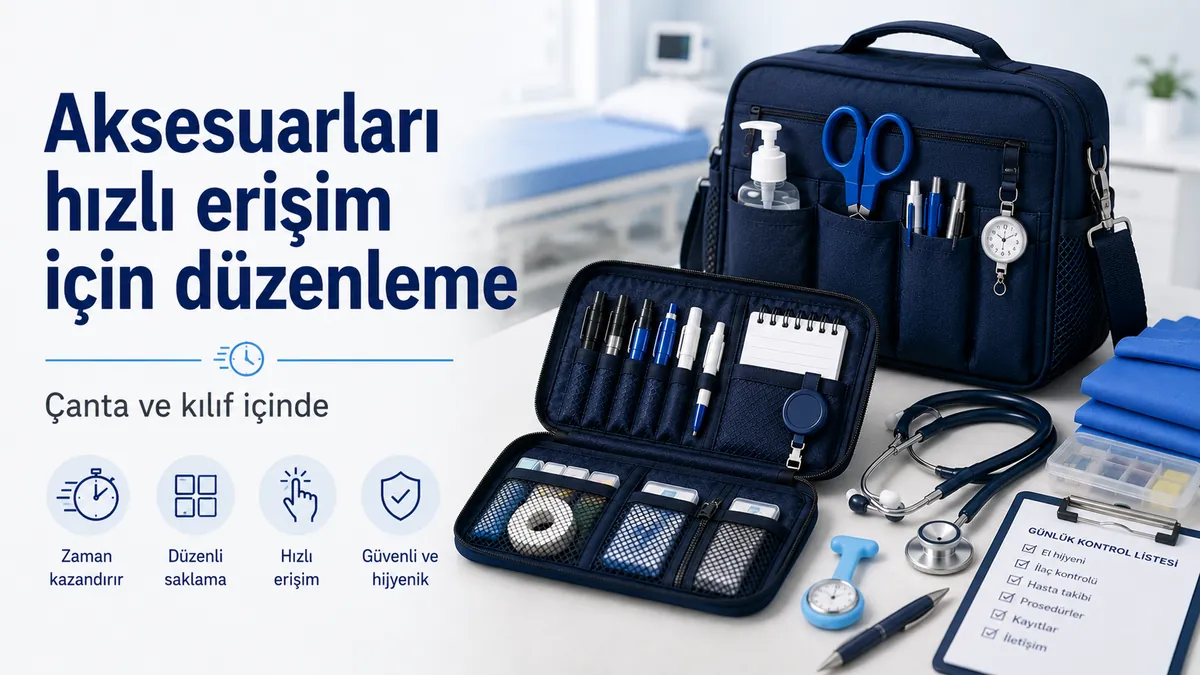 İş sırasında hızlı erişim için çanta ve kılıf içinde düzenlenmiş hemşirelik aksesuarları
