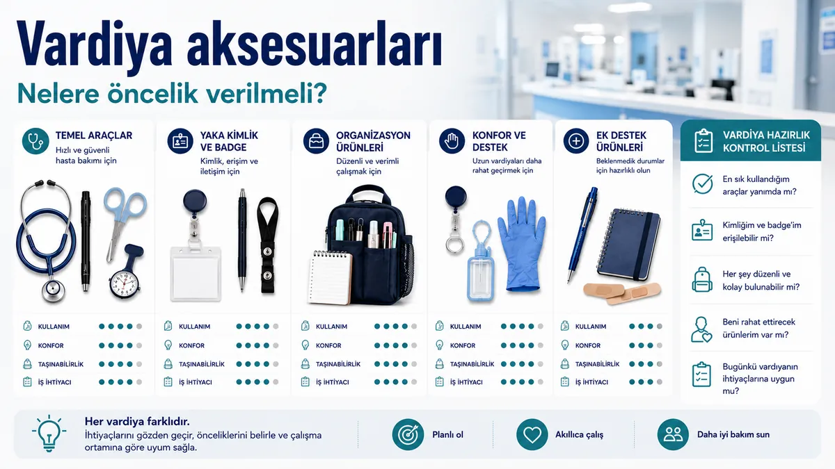 Araçlar, yaka kartı ürünleri ve düzenleyicilerle vardiya için hazırlanmış hemşirelik aksesuarları