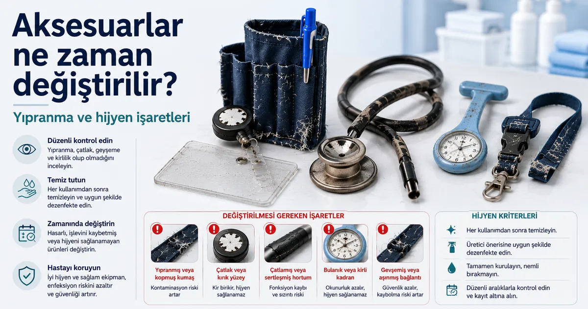 Değiştirme belirtileri ve hijyen kriterleriyle gösterilen yıpranmış hemşirelik aksesuarları
