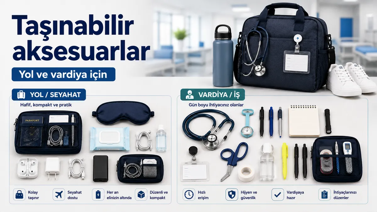 Yol, işe gidiş geliş ve vardiyalar için hazırlanmış taşınabilir hemşirelik aksesuarları
