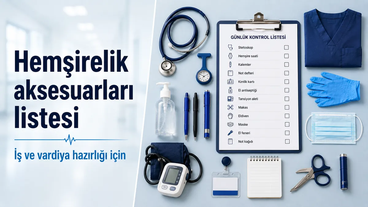 Günlük iş ve vardiya hazırlığı için düzenlenmiş temel hemşirelik aksesuarları listesi