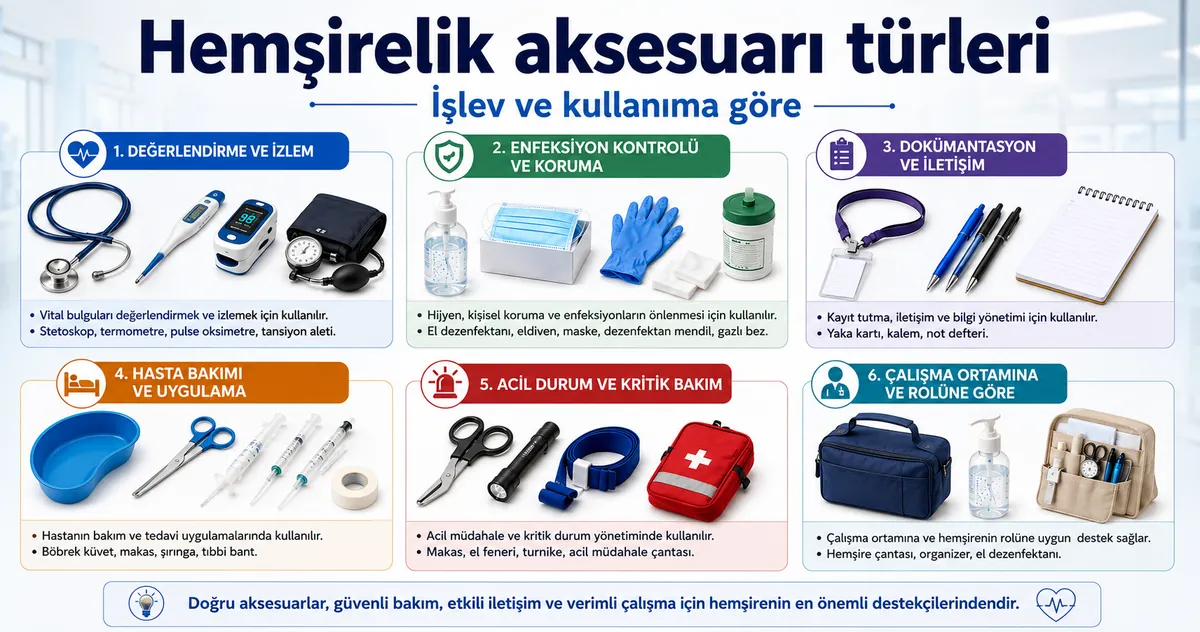 İşlev, kullanım ve işteki role göre ayrılmış hemşirelik aksesuarı türleri